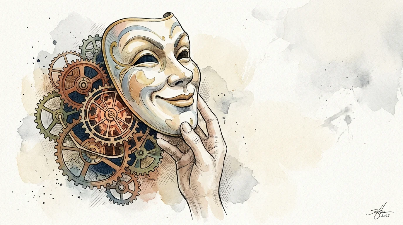 Watercolor illustration of a hand holding a smiling mask attached to mechanical clockwork gears.