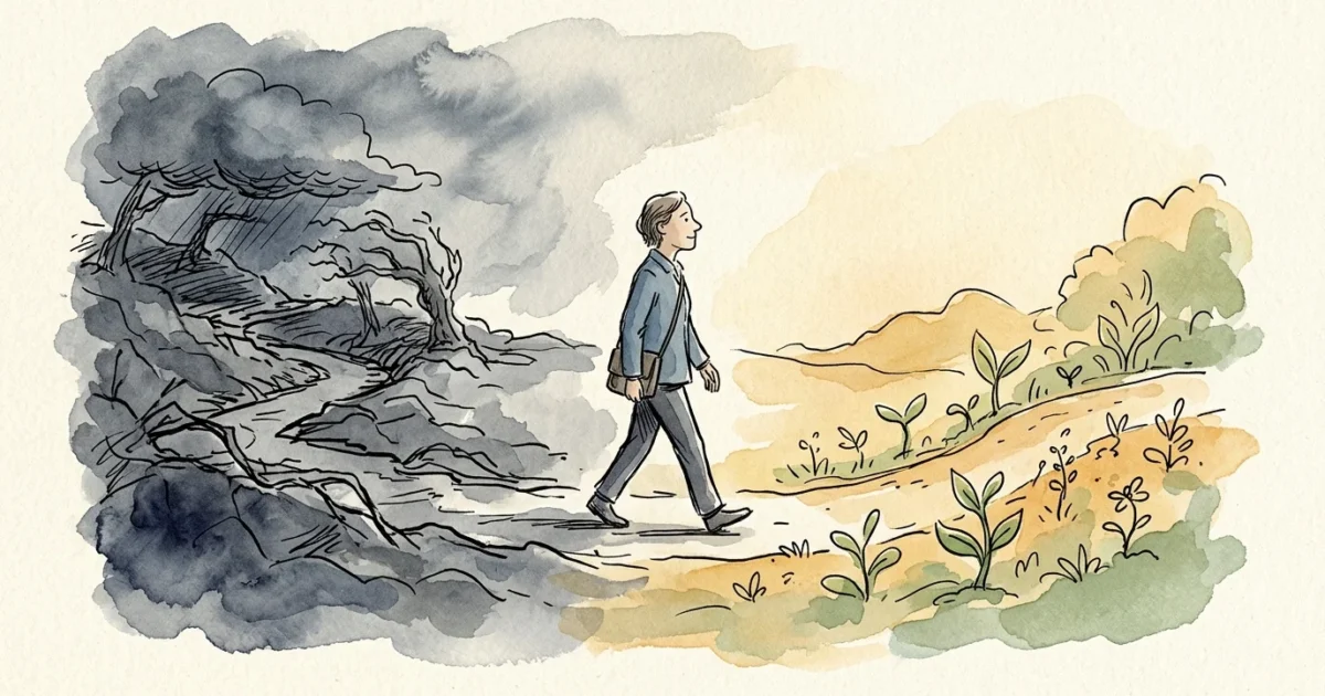 Ink and watercolor illustration of a person walking from a dark, stormy landscape into a bright, sunny field.