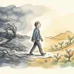 Ink and watercolor illustration of a person walking from a dark, stormy landscape into a bright, sunny field.