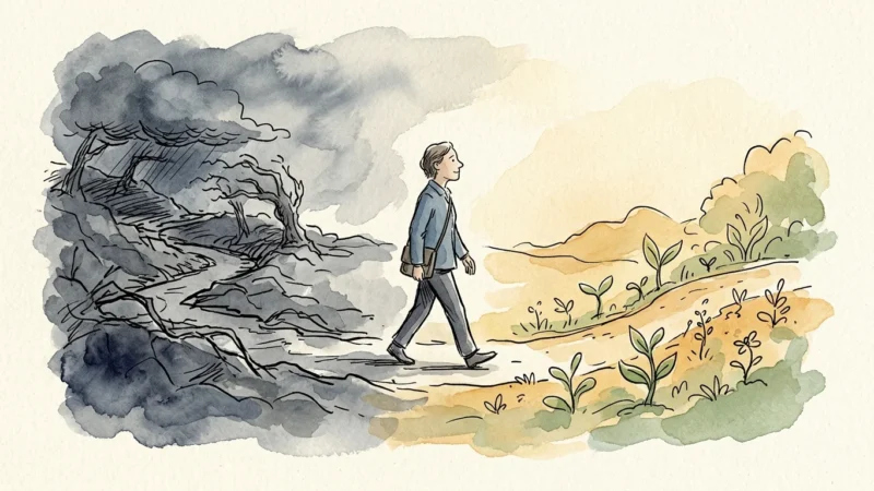 Ink and watercolor illustration of a person walking from a dark, stormy landscape into a bright, sunny field.