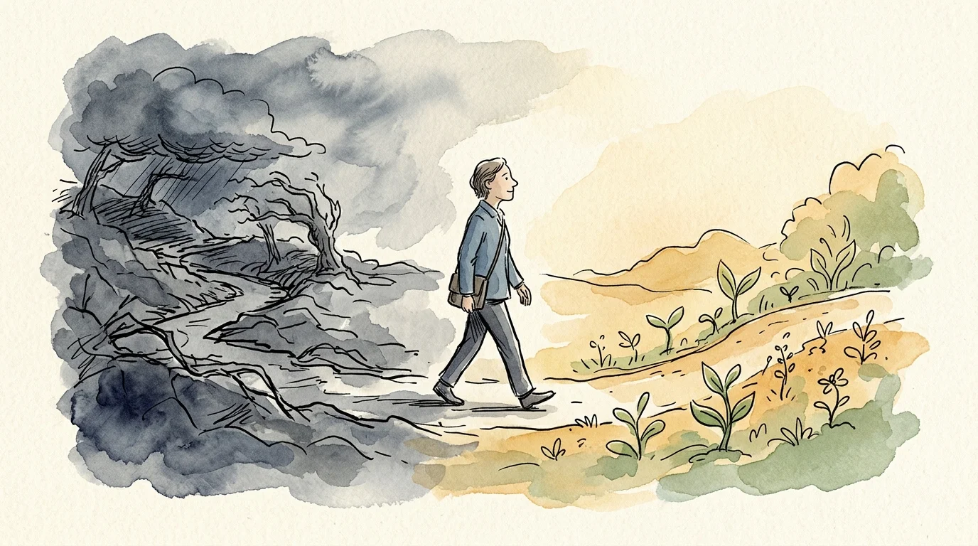 Ink and watercolor illustration of a person walking from a dark, stormy landscape into a bright, sunny field.