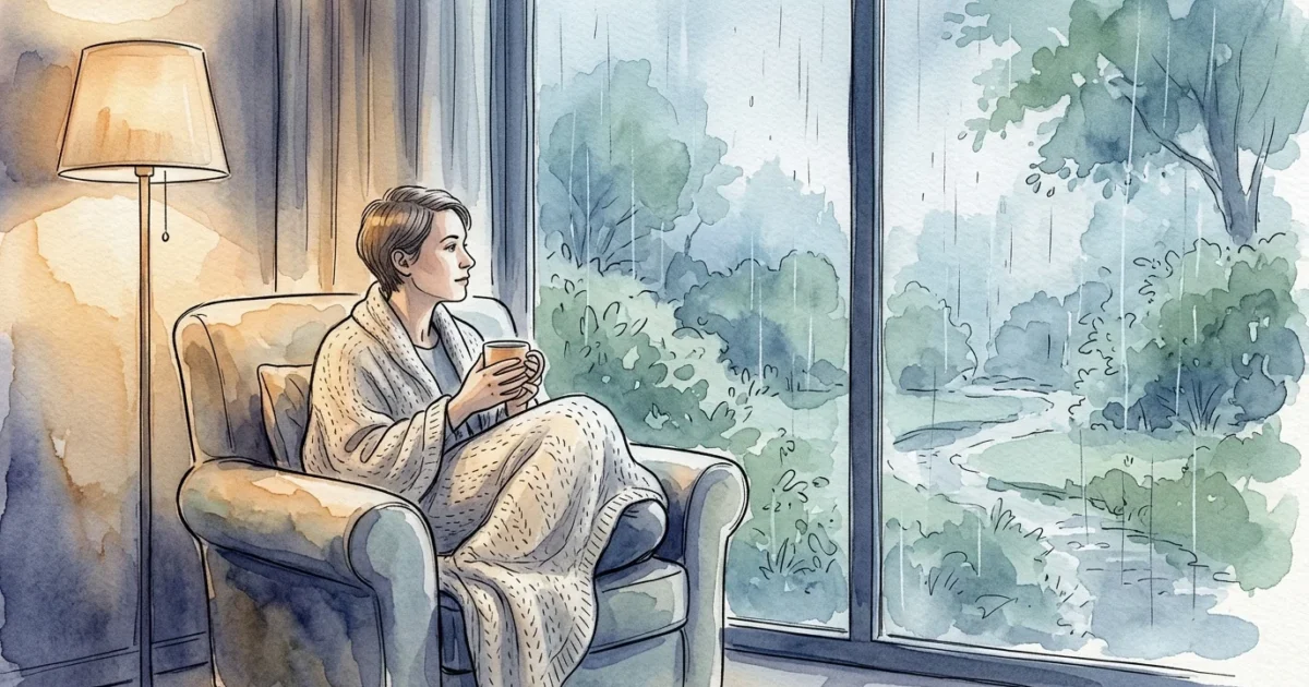 Ink and watercolor illustration of a person wrapped in a blanket, looking out a window at a rainy garden.