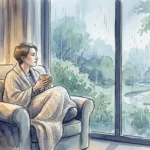 Ink and watercolor illustration of a person wrapped in a blanket, looking out a window at a rainy garden.