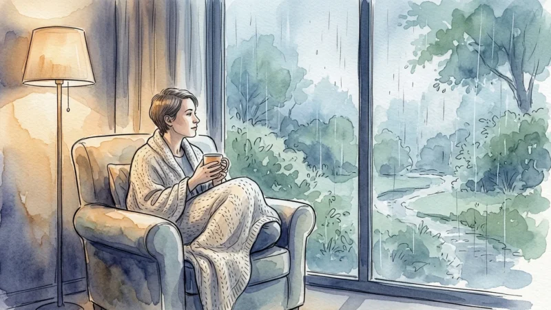 Ink and watercolor illustration of a person wrapped in a blanket, looking out a window at a rainy garden.