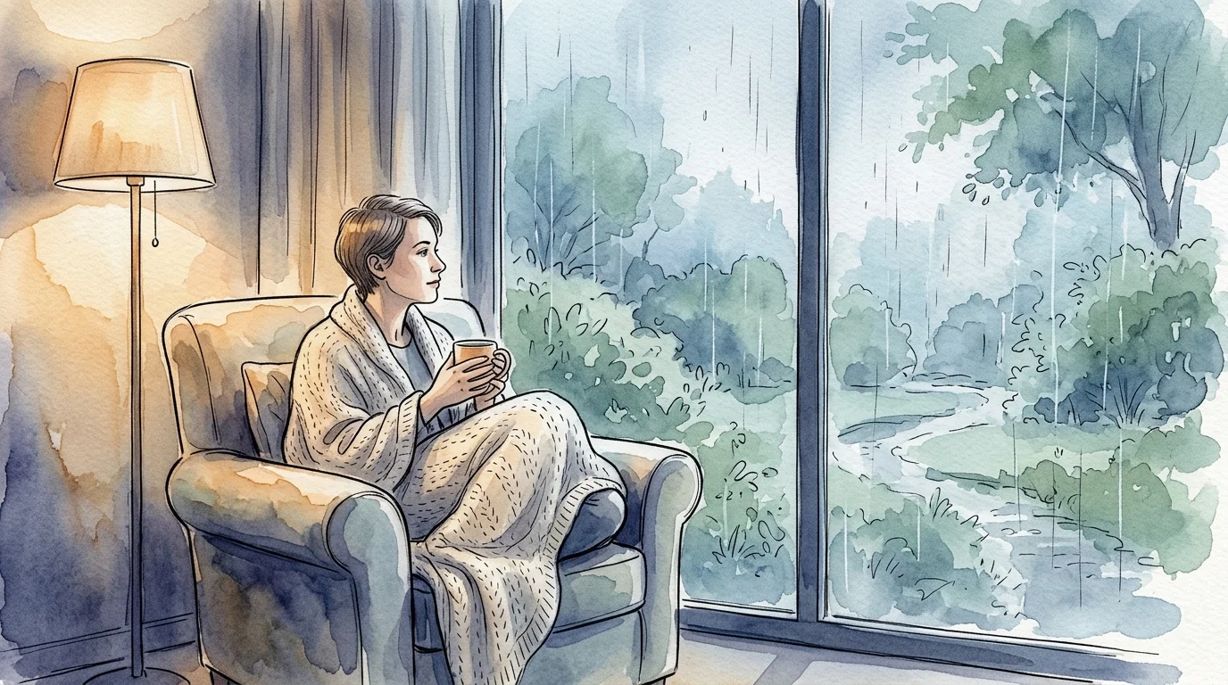 Ink and watercolor illustration of a person wrapped in a blanket, looking out a window at a rainy garden.