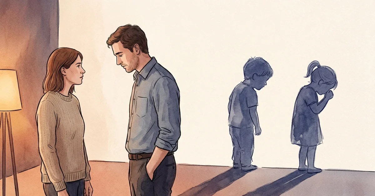 Ink and watercolor illustration of an adult couple whose shadows on the wall are two distressed children, symbolizing childhood patterns.