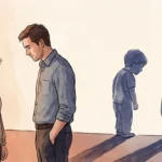 Ink and watercolor illustration of an adult couple whose shadows on the wall are two distressed children, symbolizing childhood patterns.