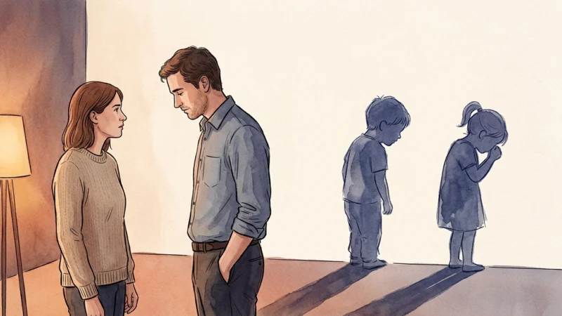 Ink and watercolor illustration of an adult couple whose shadows on the wall are two distressed children, symbolizing childhood patterns.