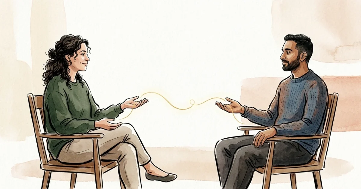 Ink and watercolor illustration of two people seated in chairs with a golden thread connecting their hands, symbolizing respect.