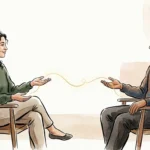 Ink and watercolor illustration of two people seated in chairs with a golden thread connecting their hands, symbolizing respect.