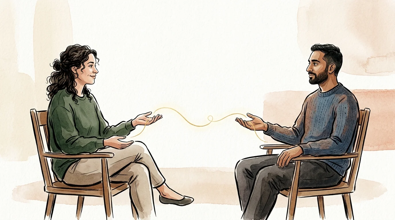 Ink and watercolor illustration of two people seated in chairs with a golden thread connecting their hands, symbolizing respect.