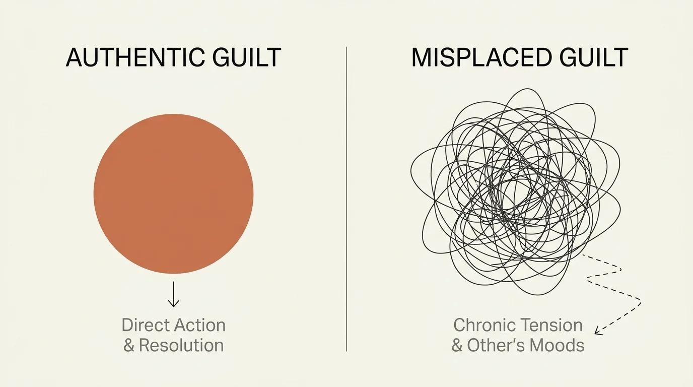 Minimalist diagram comparing Authentic Guilt as a neat circle to Misplaced Guilt as a tangled scribble.