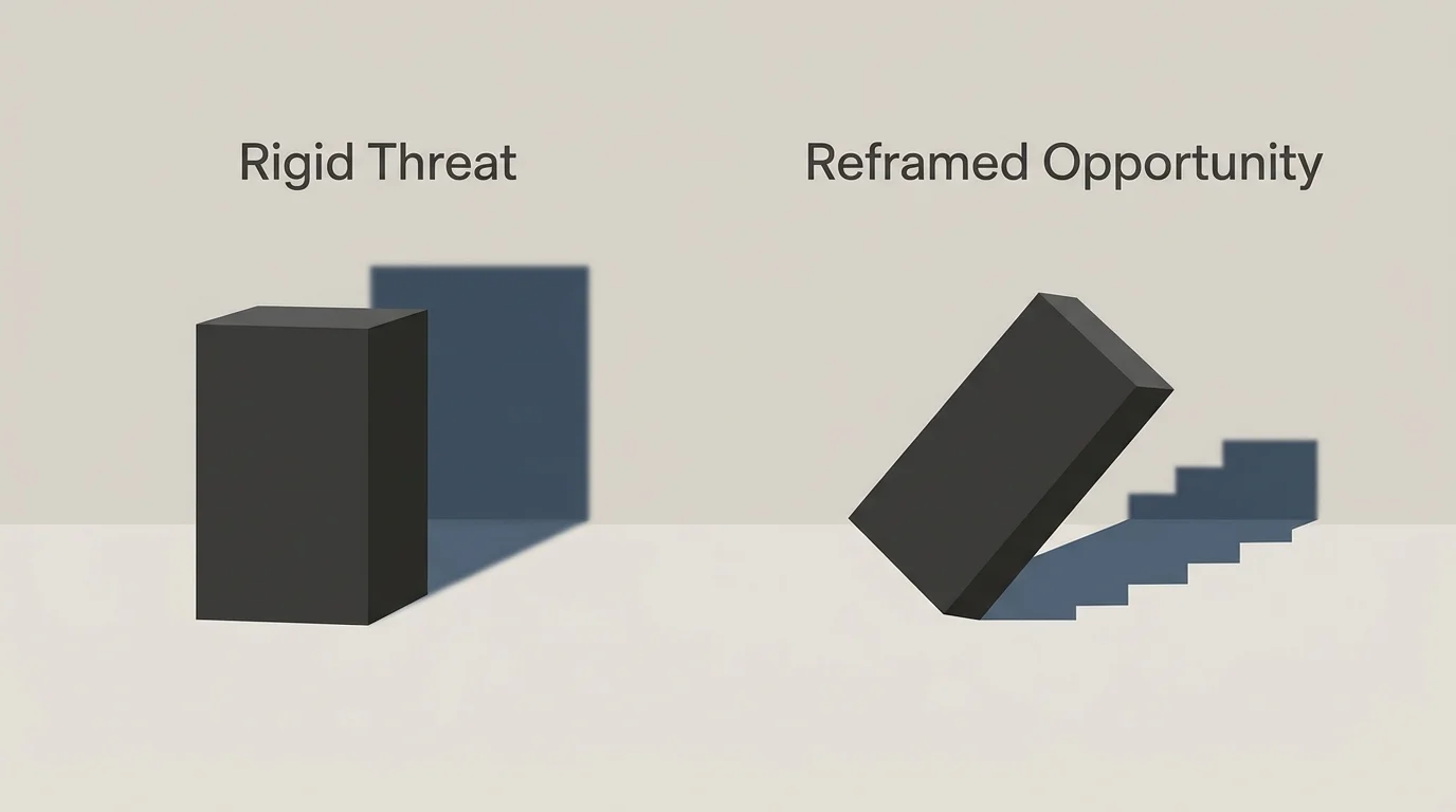 Minimalist diagram showing how rotating a geometric object changes its shadow from a wall into a ramp.