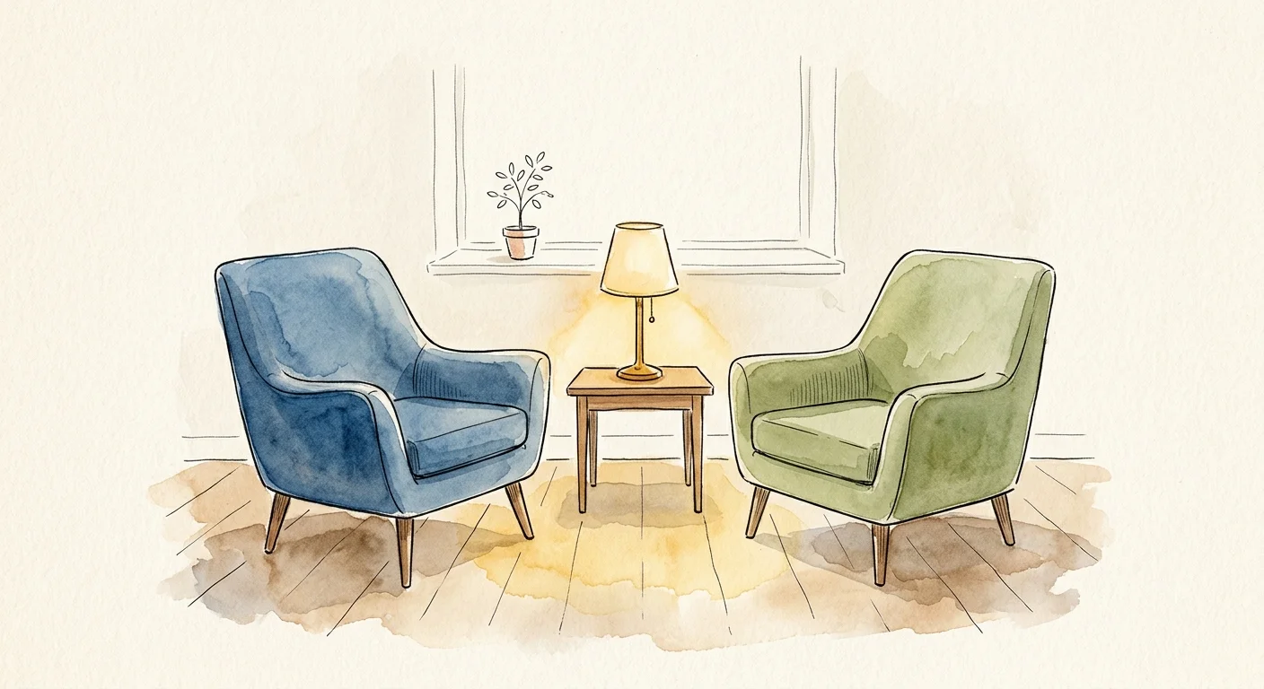 Minimalist illustration of two armchairs facing each other under a warm lamp, representing a safe therapeutic space.