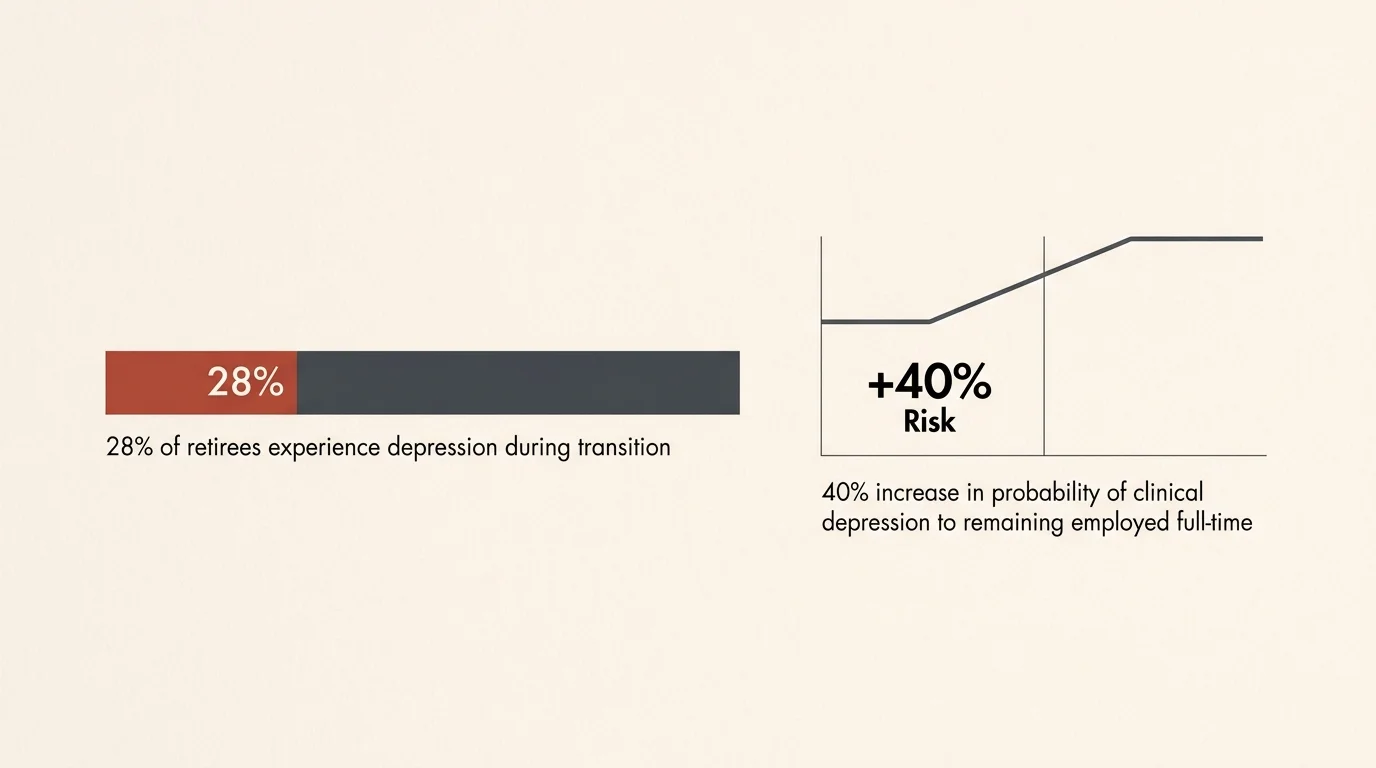 Minimalist infographic showing that twenty-eight percent of retirees experience depression, with a forty percent risk increase.