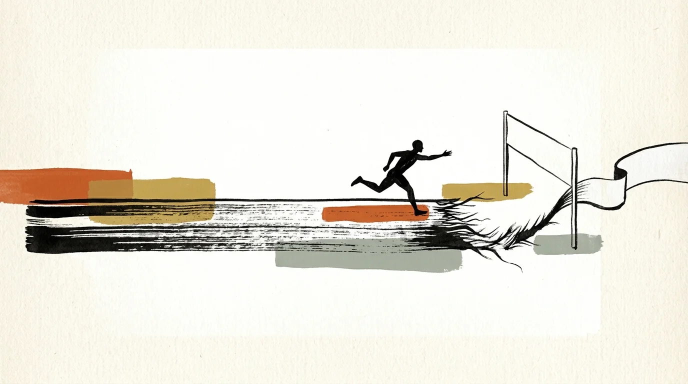 Silhouette of a runner on a painted track heading toward a finish line that unravels into a long ribbon.