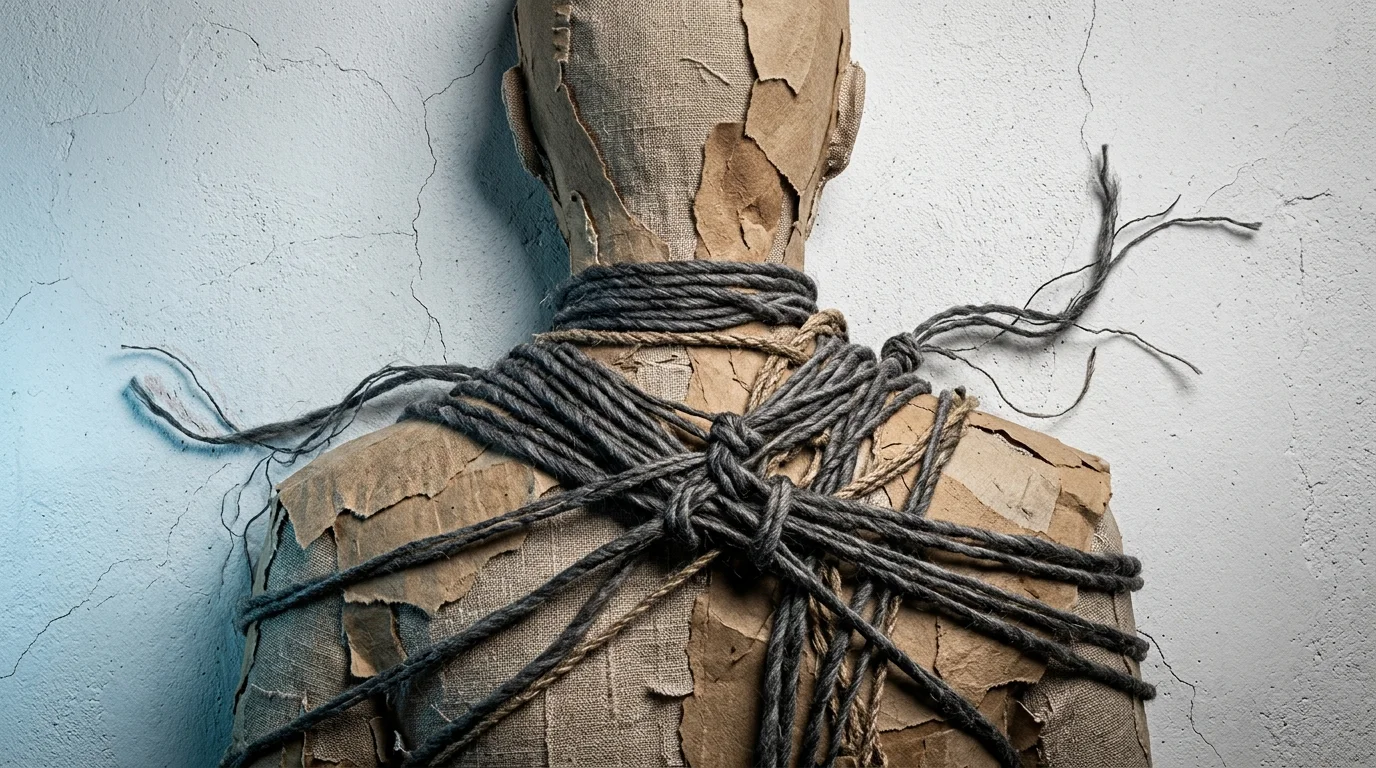 Mixed media collage of a figure's shoulders wrapped in heavy, knotted wool threads, representing the physical toll of guilt.