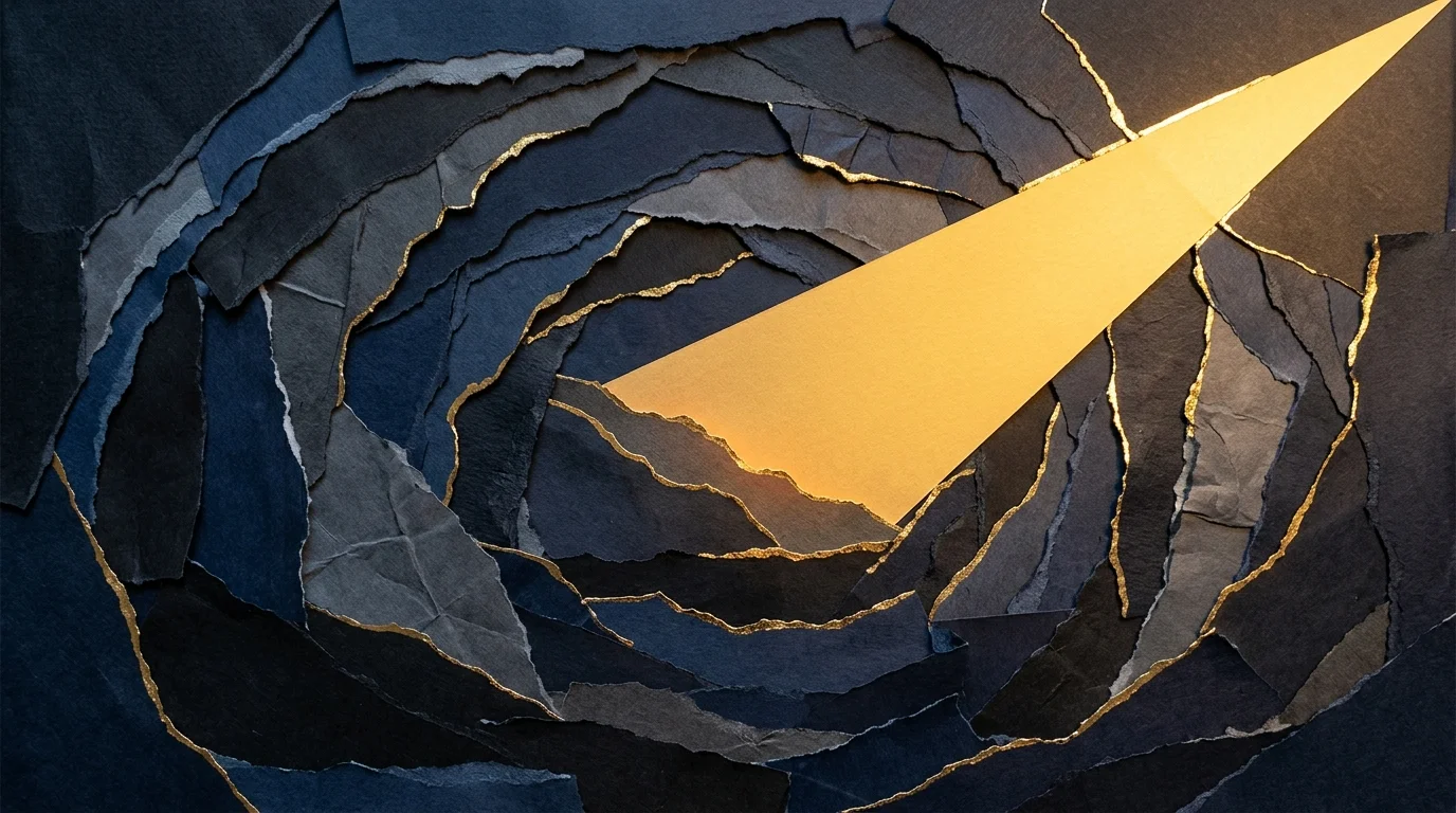Mixed media collage showing a bright golden beam of light cutting through dark, torn paper, symbolizing seeking therapy.