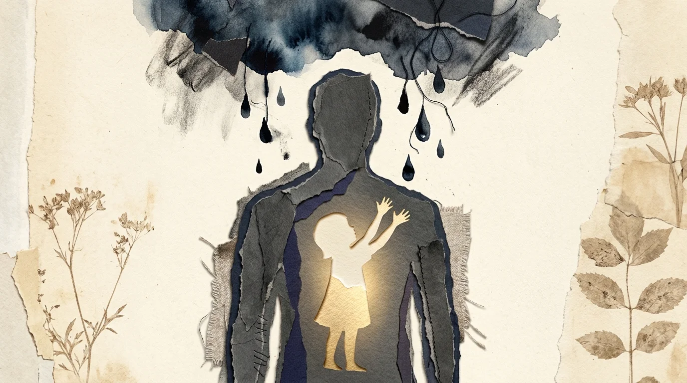 Mixed media paper collage of a child silhouette inside an adult, absorbing heavy dark droplets, representing childhood conditioning.