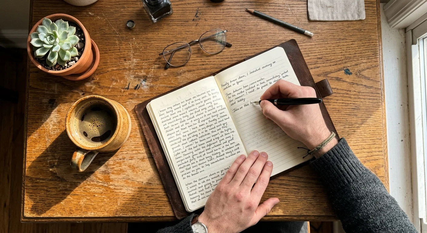 Overhead photo of a hand writing in a leather journal on a sunlit wooden desk next to a mug.