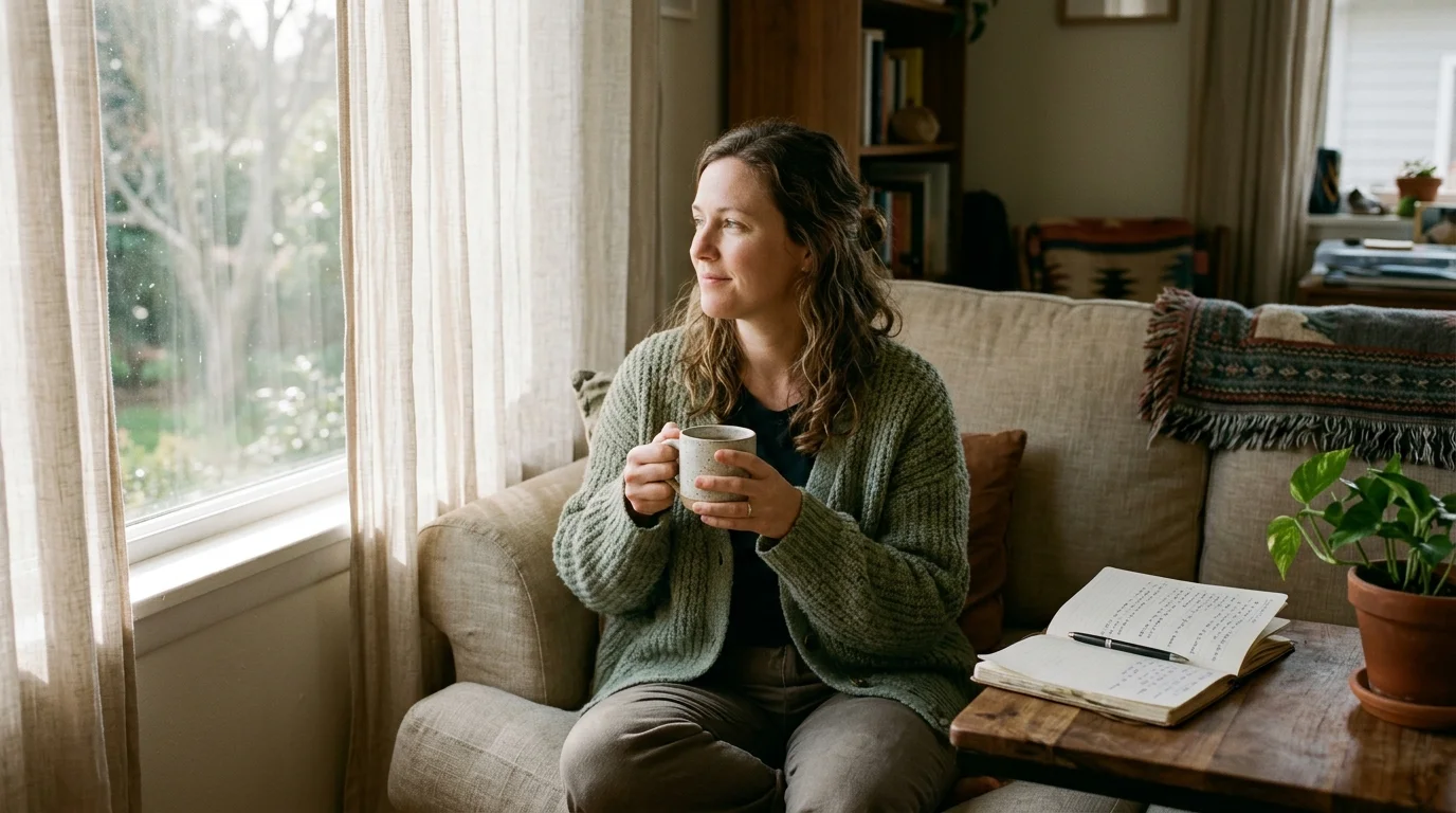 Woman in a green cardigan sitting on a sofa holding a mug and looking out the window near an open journal.