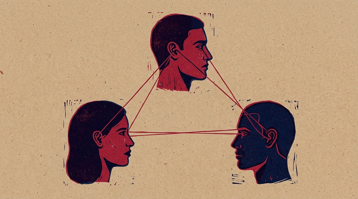 Illustration of three profile heads arranged in a triangle and connected by red lines on a textured tan background.