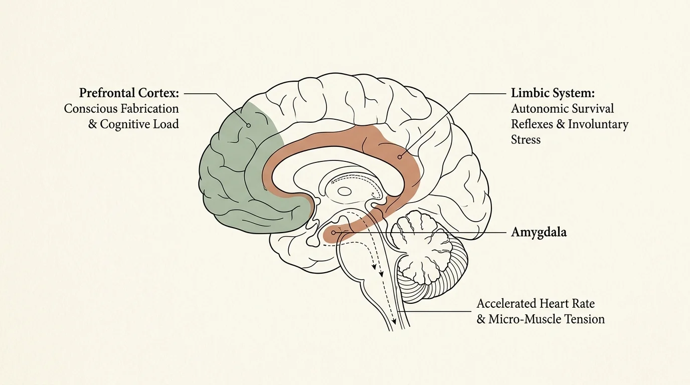 Cross-section diagram of a human brain highlighting the prefrontal cortex, limbic system, and amygdala with labeled pathways.