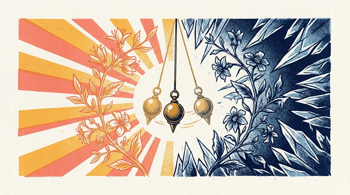 Illustration of a pendulum swinging between warm sunny florals on the left and cold icy crystal patterns on the right.