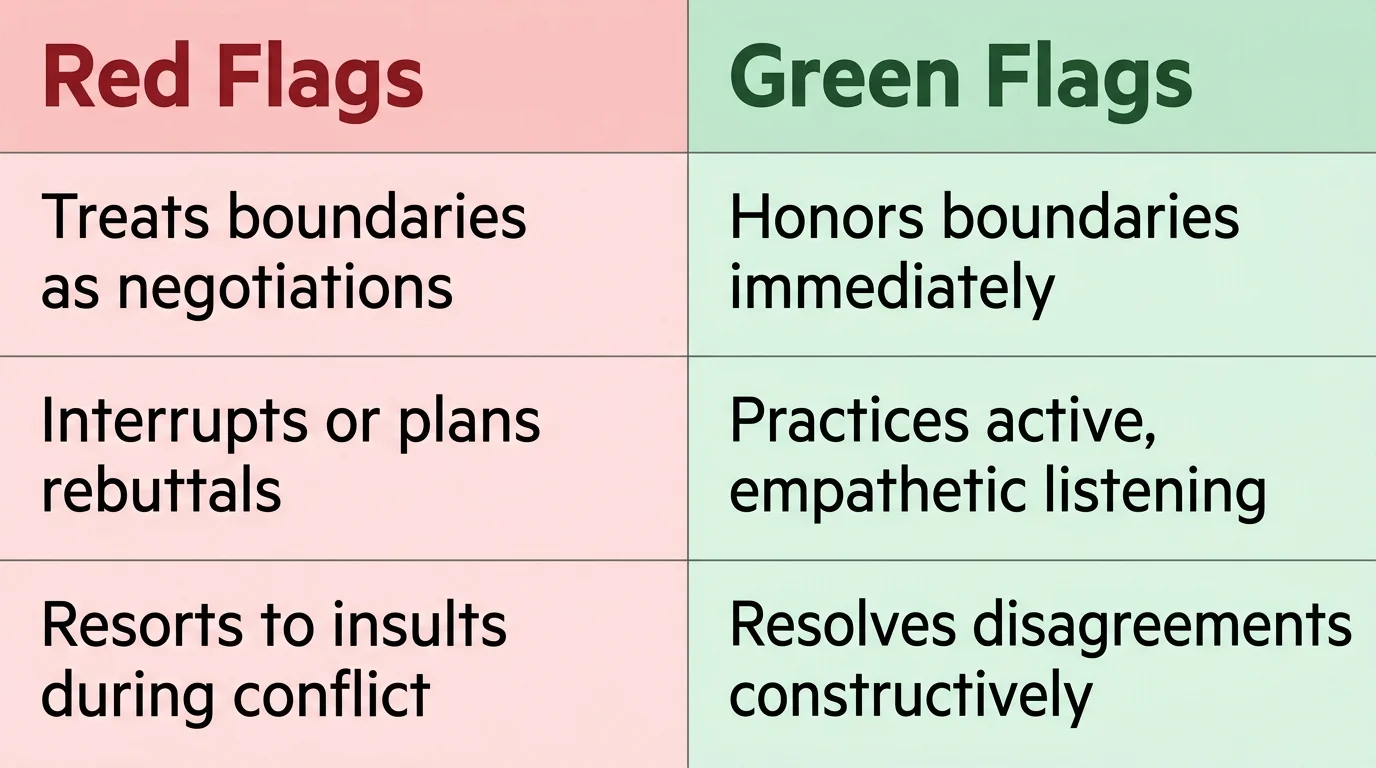 Side-by-side comparison chart showing Relationship Red Flags versus Green Flags with clear, legible text points.