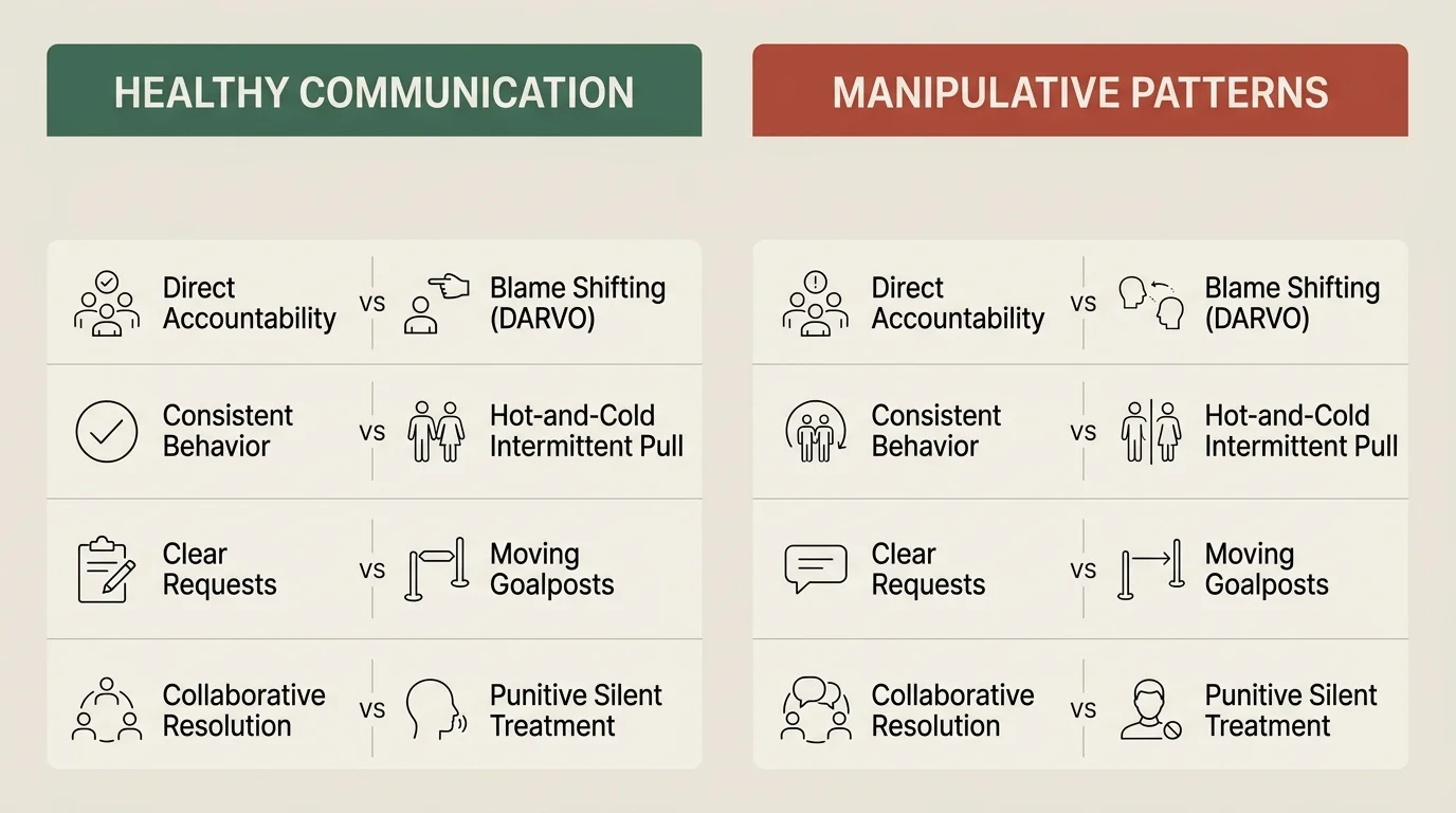 Diagram comparing healthy communication traits against manipulative patterns with labeled icons and text.
