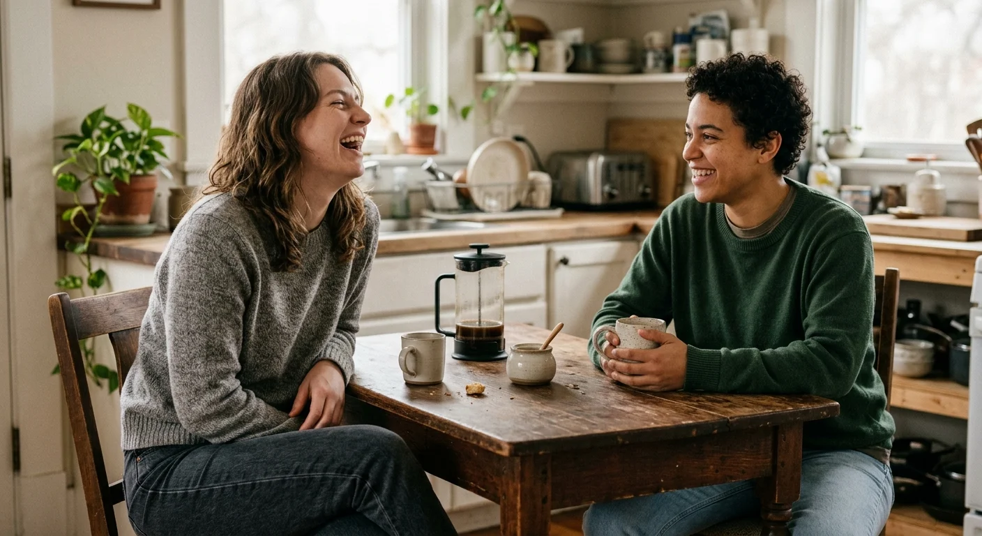 Two friends in casual clothing sharing a candid, laughing conversation over coffee at a rustic kitchen table.
