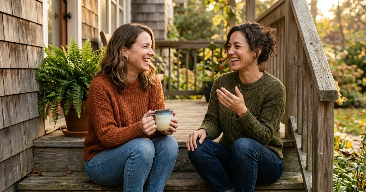 Two friends laughing together on a wooden porch in warm afternoon light, demonstrating a supportive, genuine relationship.