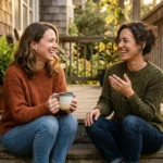 Two friends laughing together on a wooden porch in warm afternoon light, demonstrating a supportive, genuine relationship.