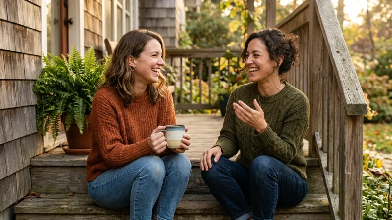 Two friends laughing together on a wooden porch in warm afternoon light, demonstrating a supportive, genuine relationship.