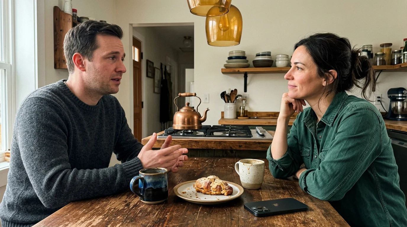 Two friends sitting at a kitchen table, with one friend listening intently to the other, showing active, caring attention.