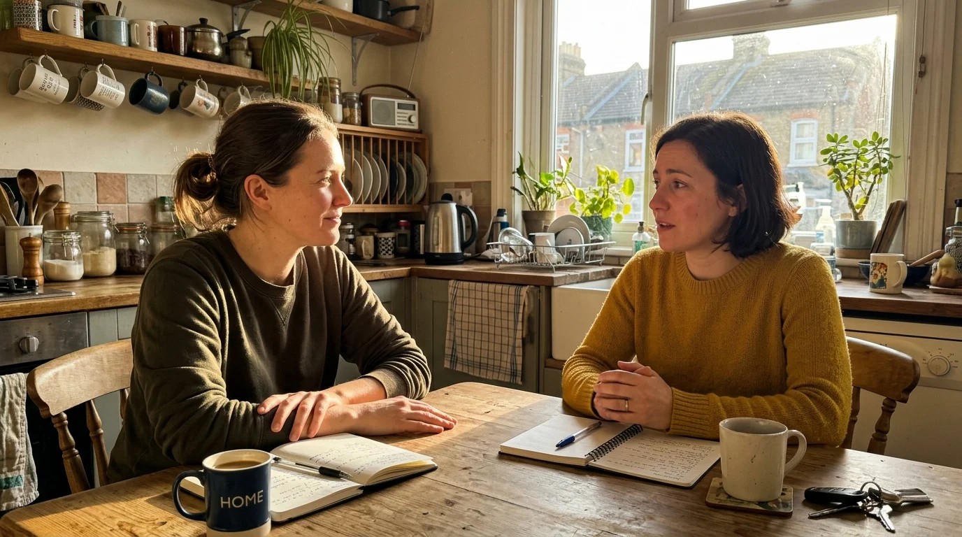 Two women sitting at a wooden kitchen table talking with open notebooks and mugs in front of them.