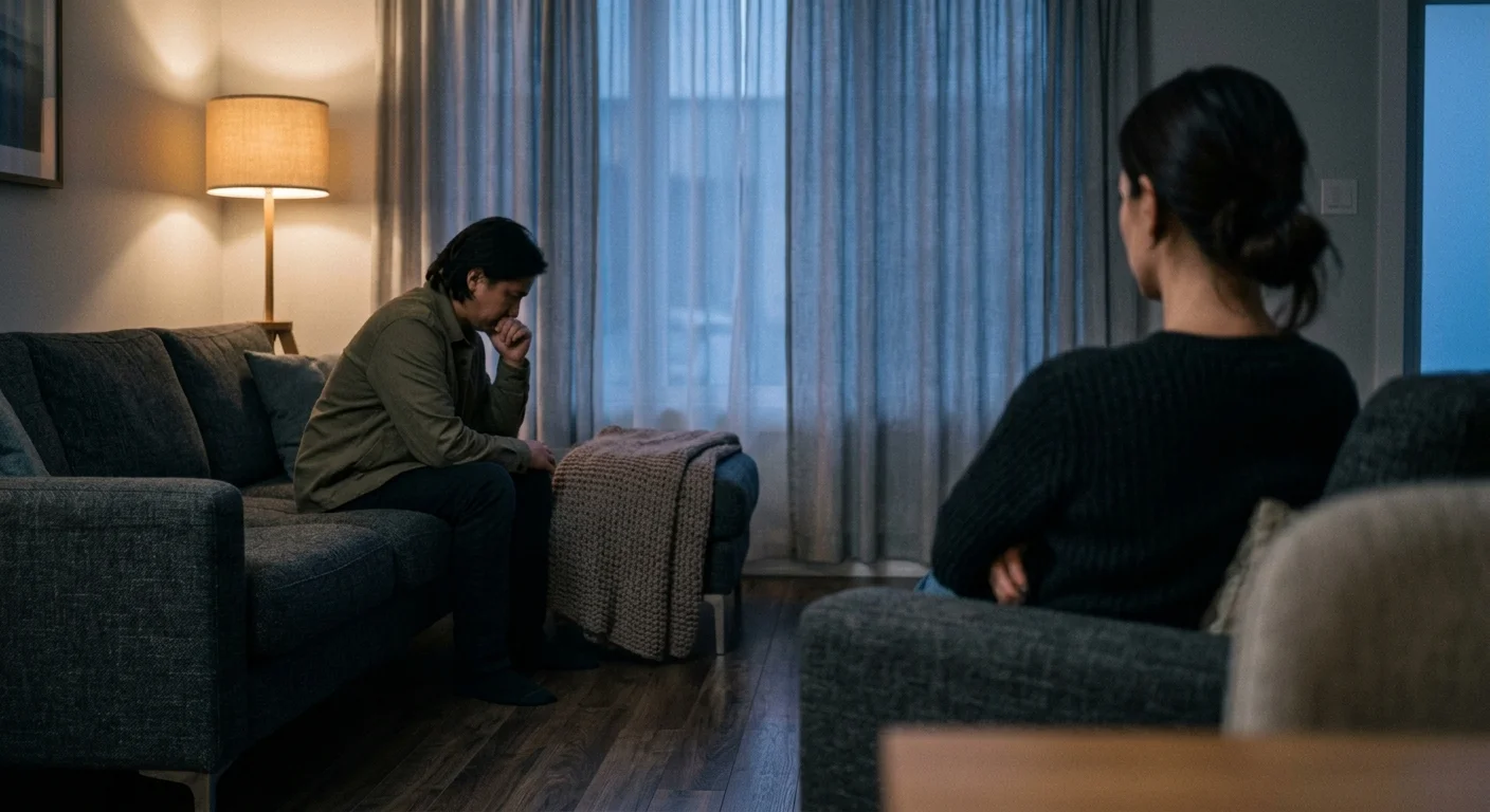 A man sits distressed on a living room sofa while a woman sits in a nearby armchair with her back turned.