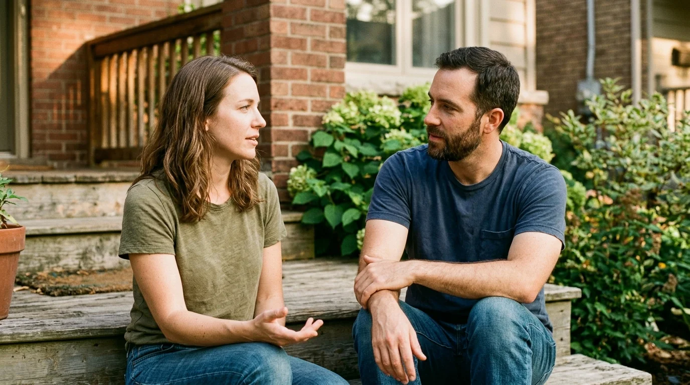 Two people sitting on porch steps having a calm, respectful conversation during a disagreement.