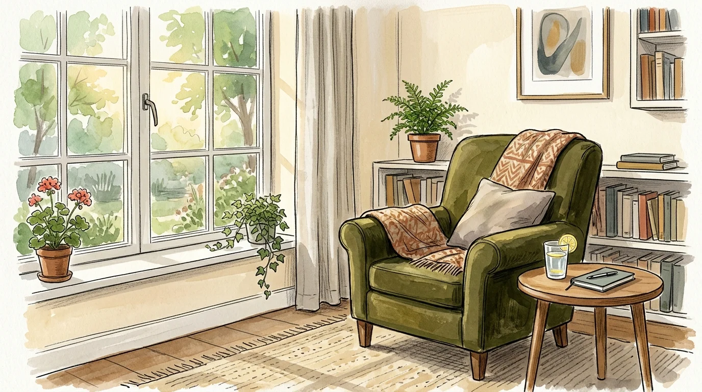 Warm illustration of an empty armchair in a sunny room, representing a safe space for therapy.