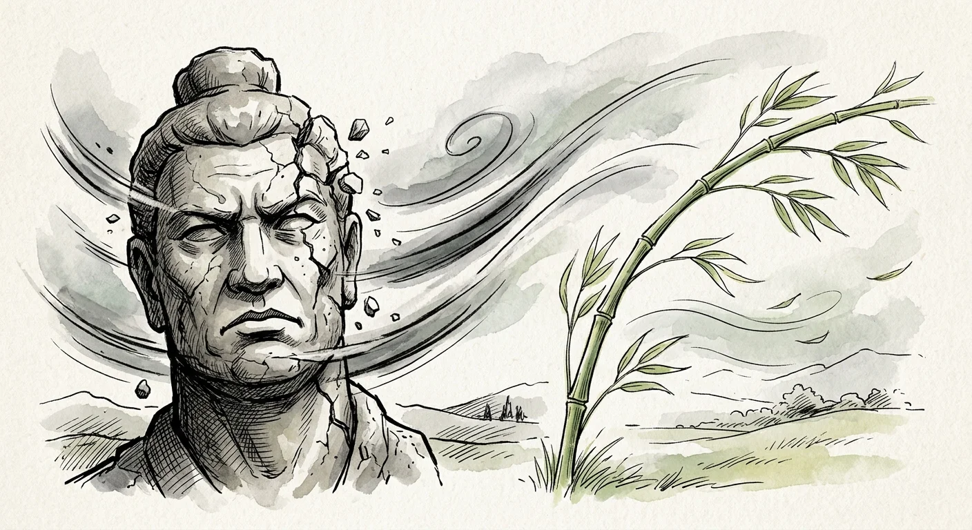 Watercolor illustration comparing a cracking stone statue to a flexible green bamboo stalk bending in the wind.