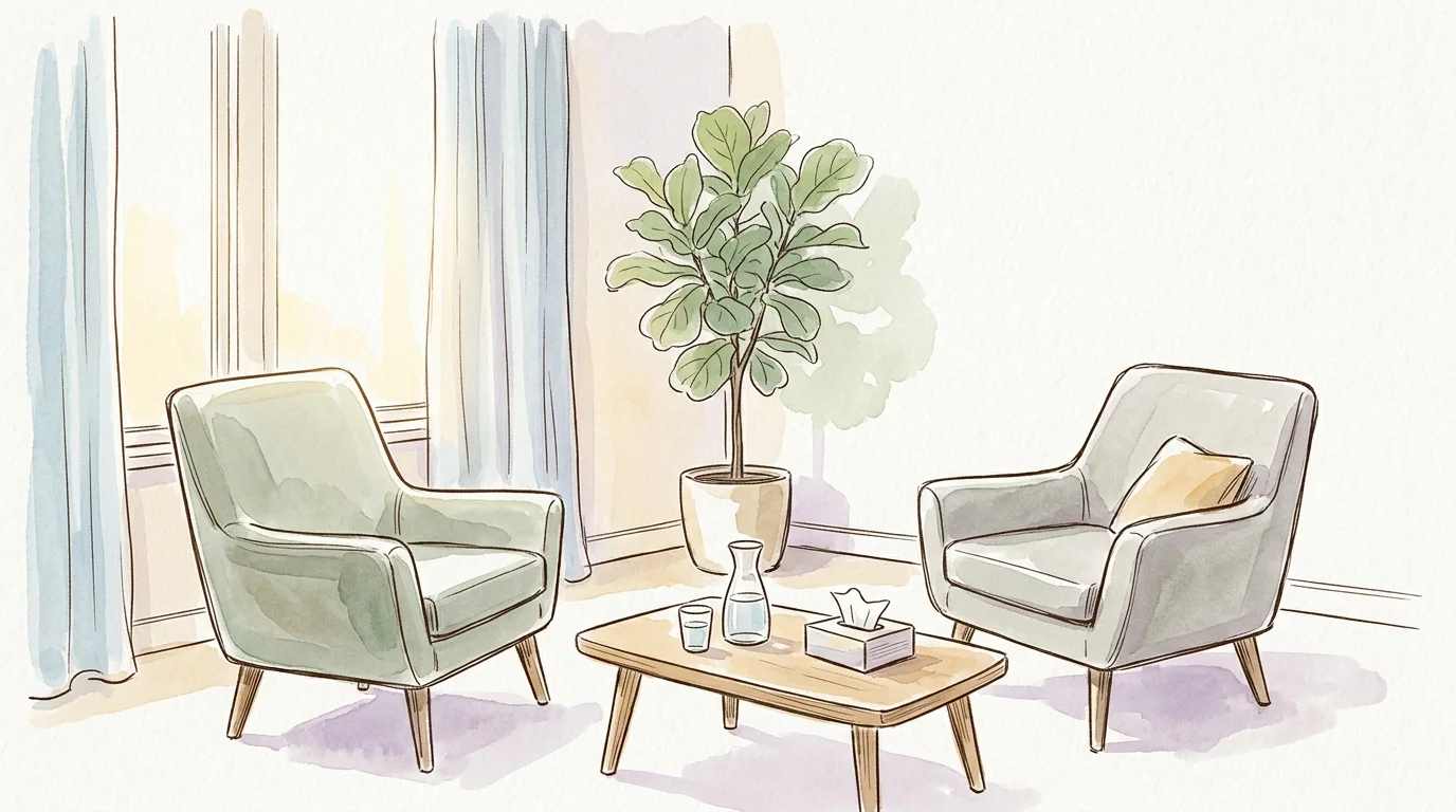 Watercolor sketch of two armchairs facing a coffee table with a tissue box, water carafe, and potted plant by a window.