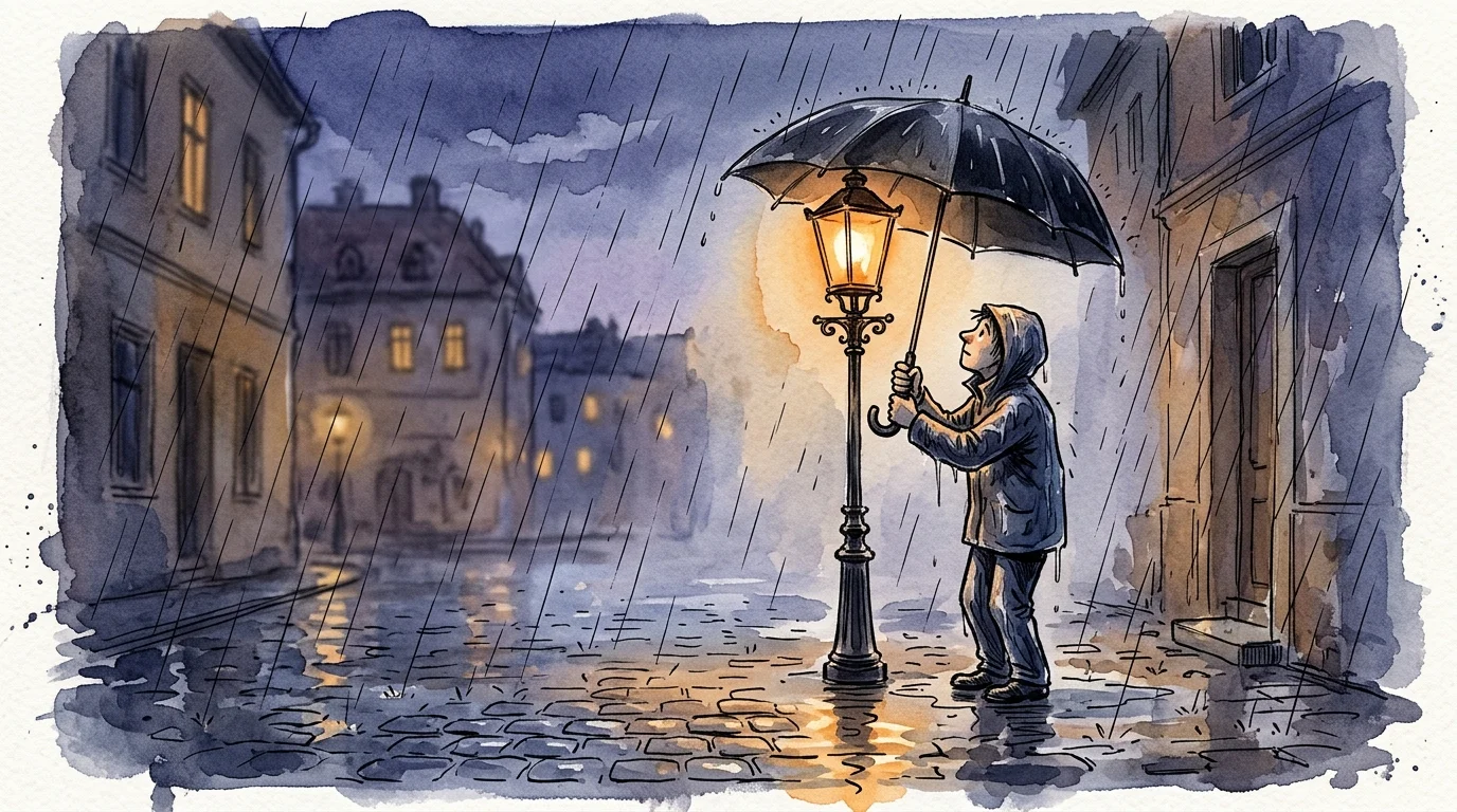 Watercolor illustration of a person holding an umbrella over a glowing streetlamp in the rain, symbolizing hyper-responsibility.