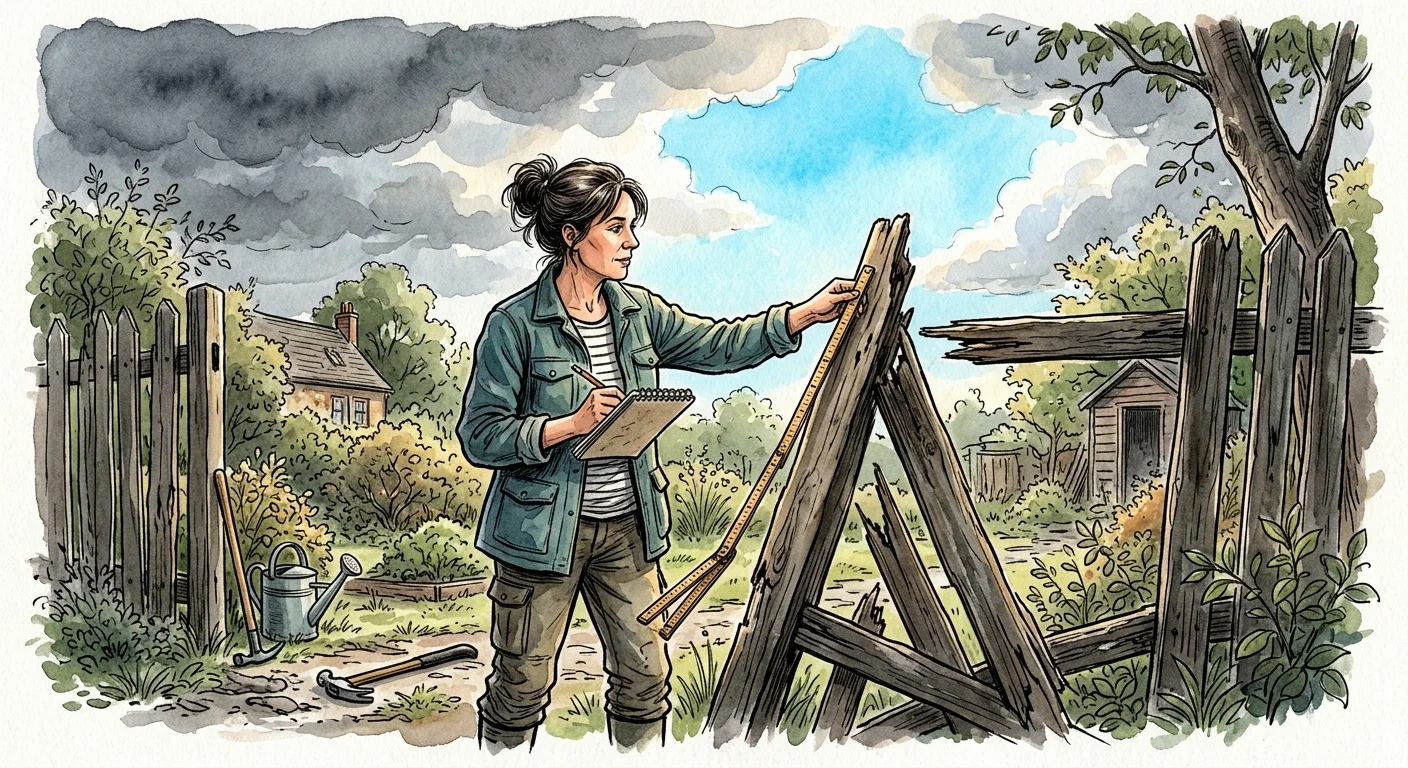Watercolor illustration of a person measuring a broken fence under a clearing, sunny sky.