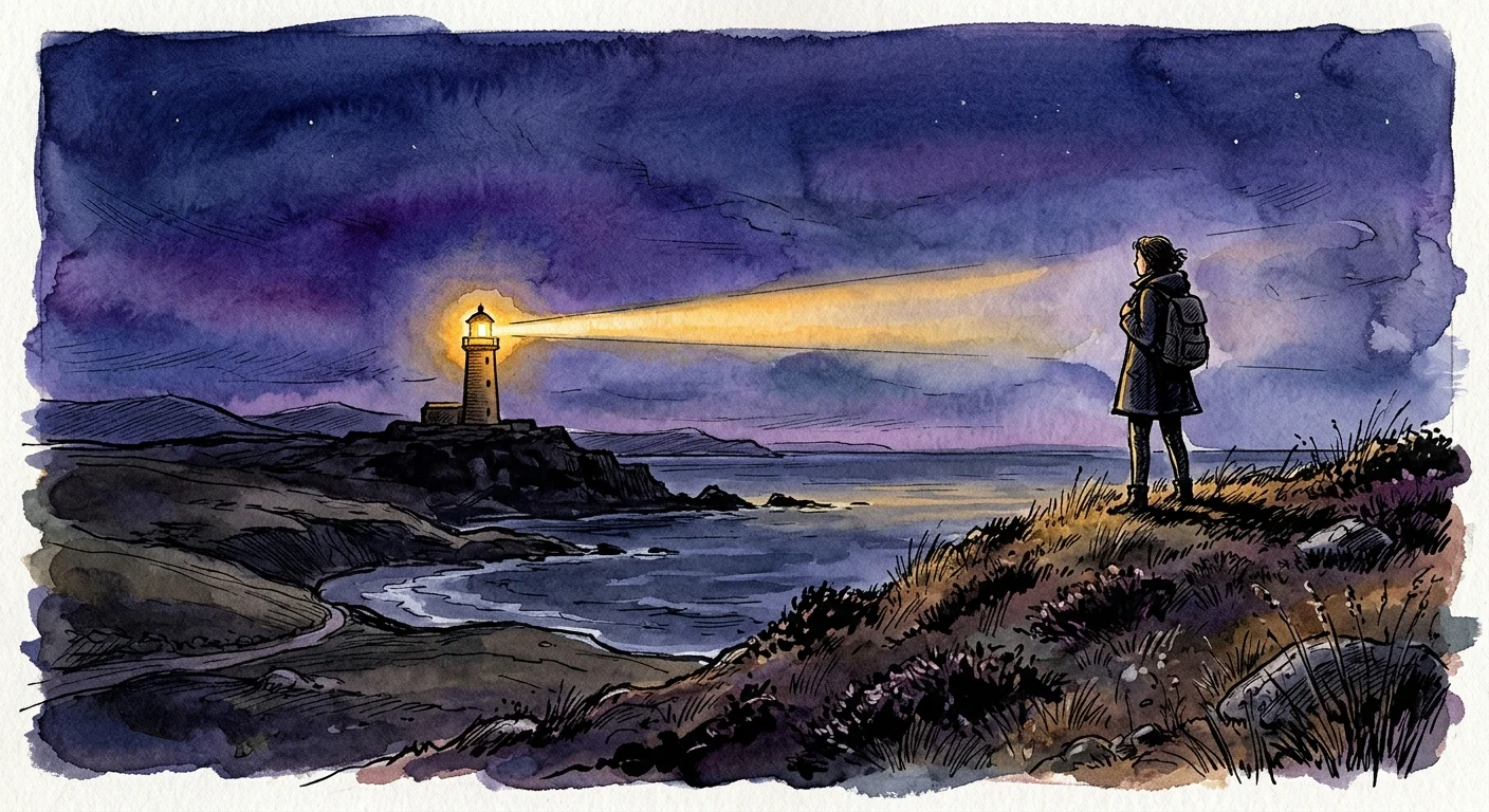 Watercolor illustration of a person on a hill looking toward a glowing lighthouse in the night.