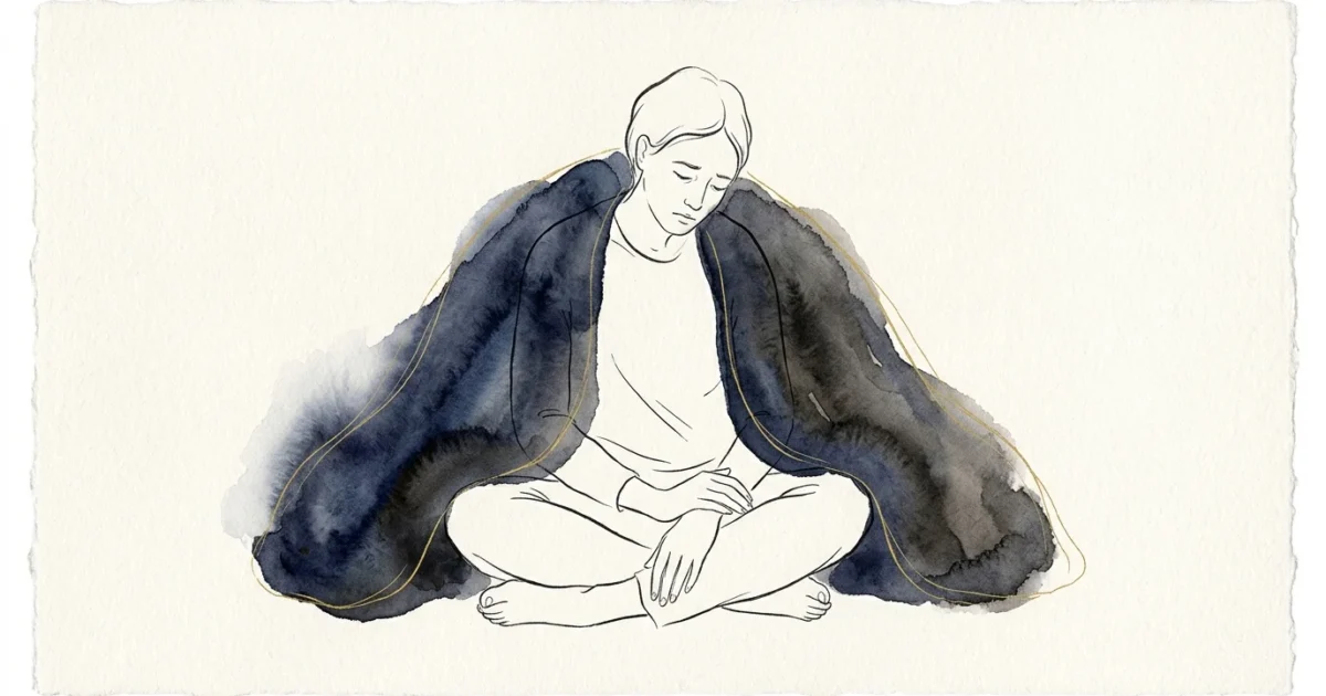 Watercolor illustration of a person sitting quietly under a soft, heavy gray wash representing the physical weight of chronic stress.