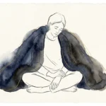 Watercolor illustration of a person sitting quietly under a soft, heavy gray wash representing the physical weight of chronic stress.