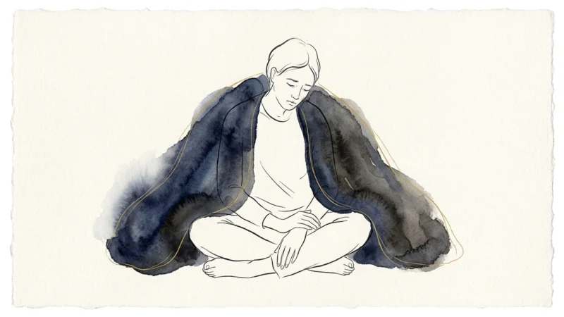 Watercolor illustration of a person sitting quietly under a soft, heavy gray wash representing the physical weight of chronic stress.