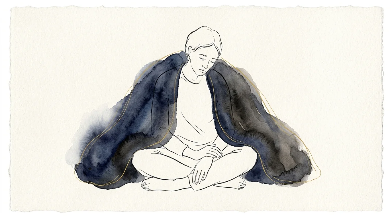 Watercolor illustration of a person sitting quietly under a soft, heavy gray wash representing the physical weight of chronic stress.