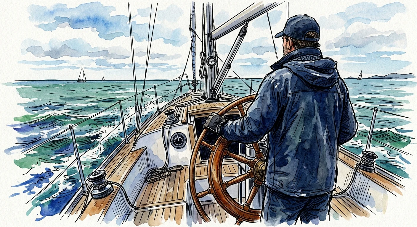 Watercolor illustration of a sailor gripping the steering wheel of a boat on open water.