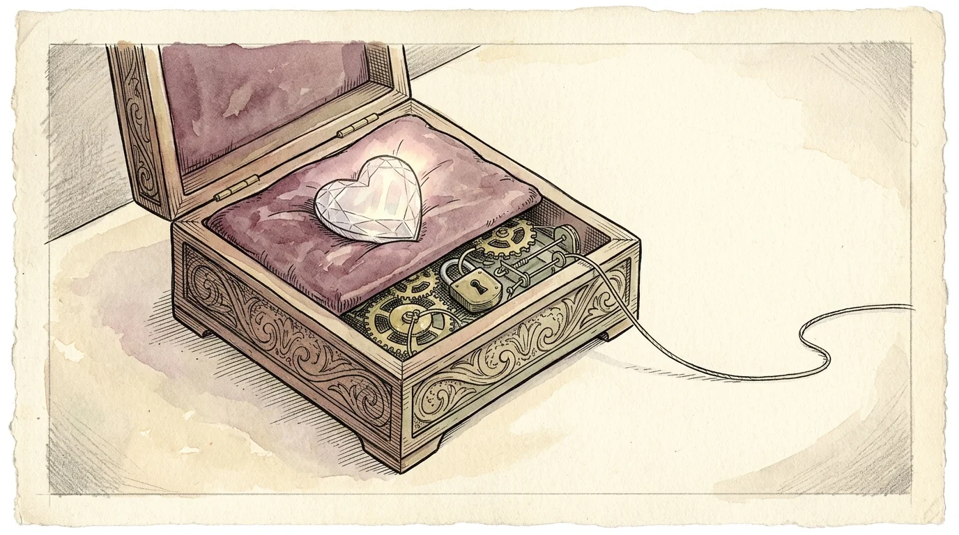 Open wooden jewelry box with a heart-shaped gem on a pillow, revealing mechanical gears, a padlock, and a tripwire.